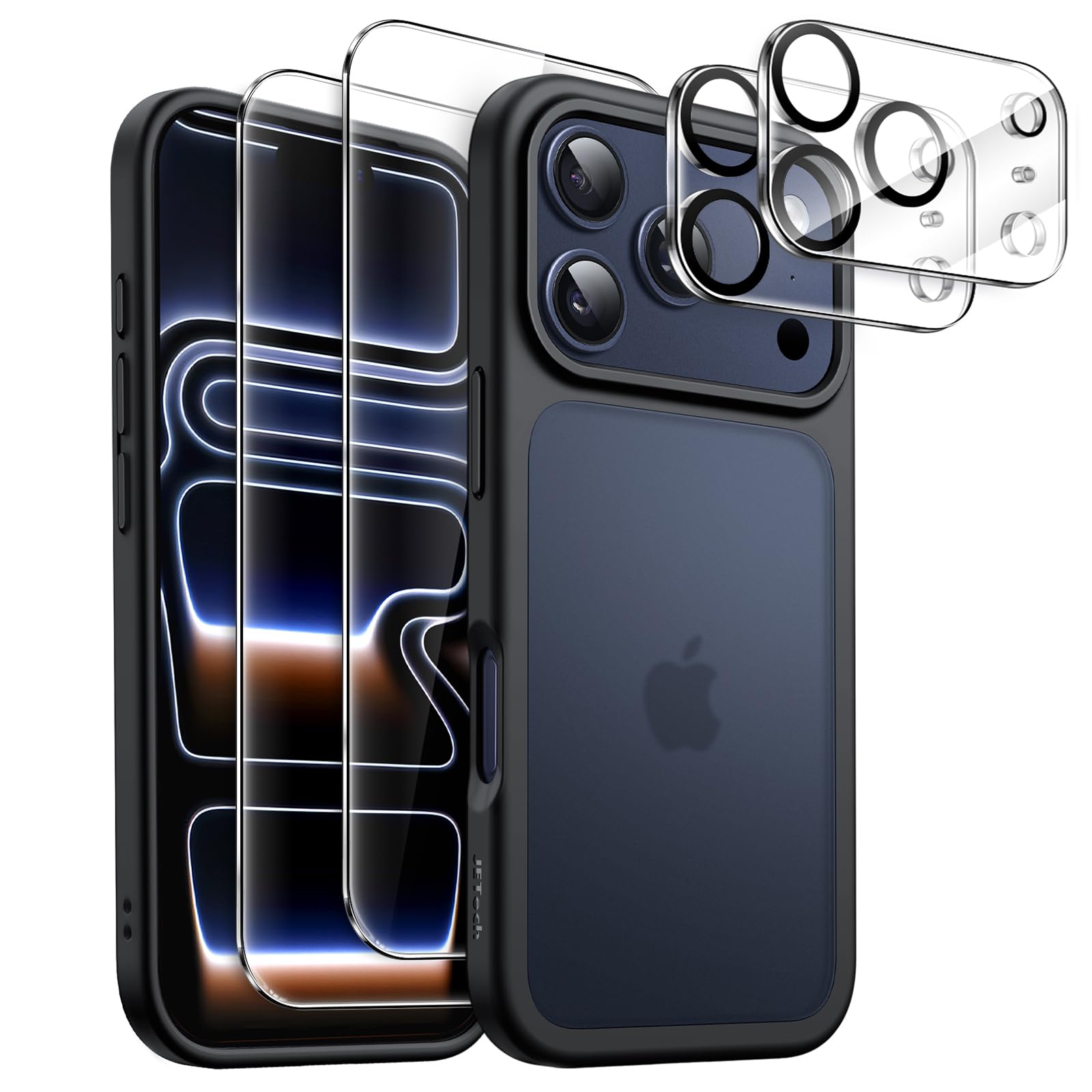 JETech 5 in 1 Matte Case for iPhone 17 Pro 6.3-Inch with 2-Pack Each Tempered Glass Screen Protector and Camera Lens Protector,