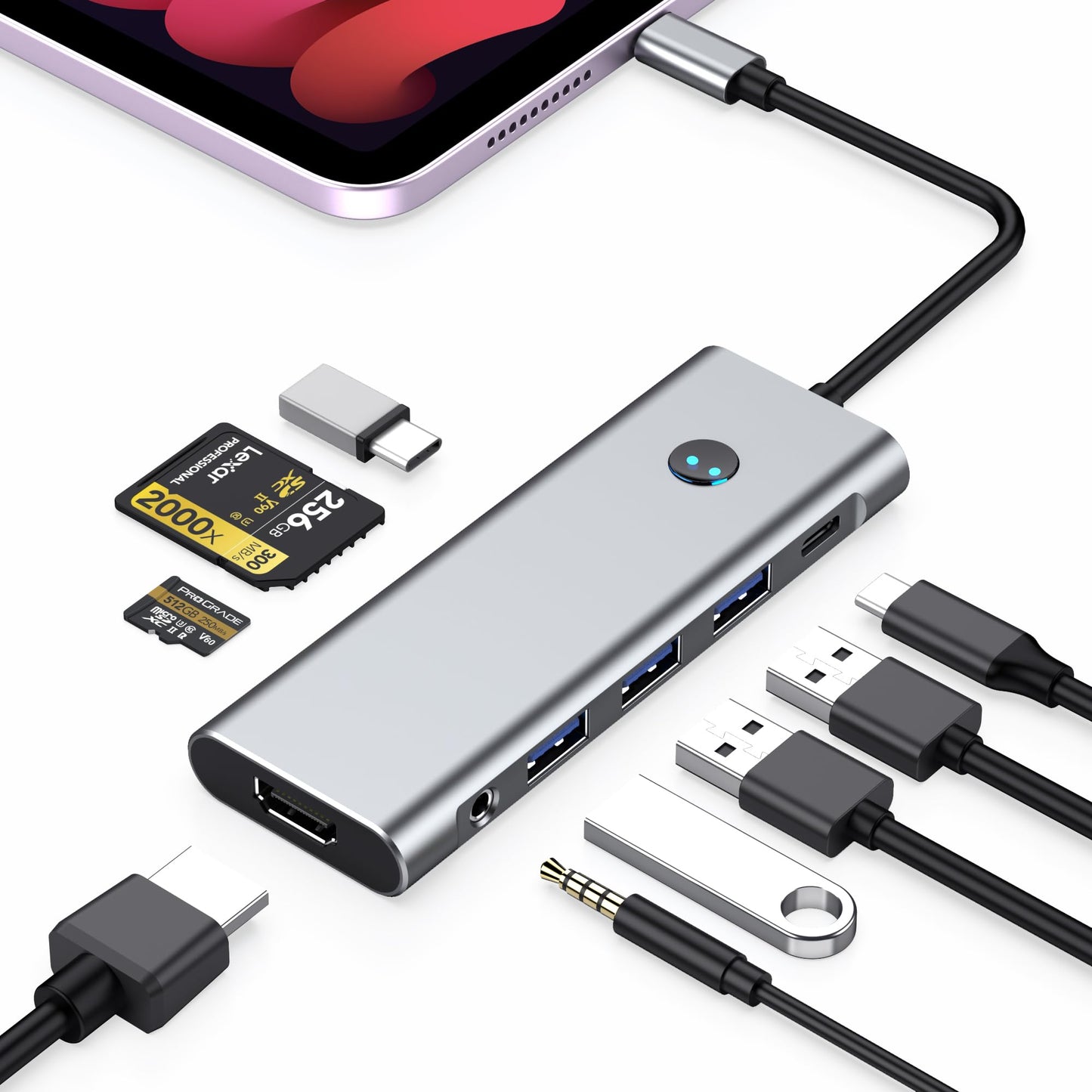 USB C HUB for iPad Pro Adapter 4K 60Hz HDMI, 100W PD, SD/TF Card Reader, 3 USB A Port, 3.5mm Audio Jack, 9 in 1 USB C Dock for i
