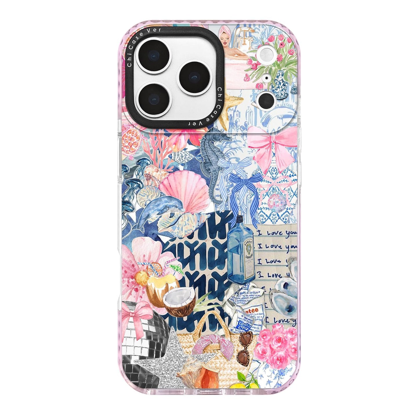 ChiCaseVer for iPhone 17 Pro Max Case,Coastal Romantic Y2K Seahorse & Hibiscus Collage Design Pattern Aesthetic,Military-Grade D