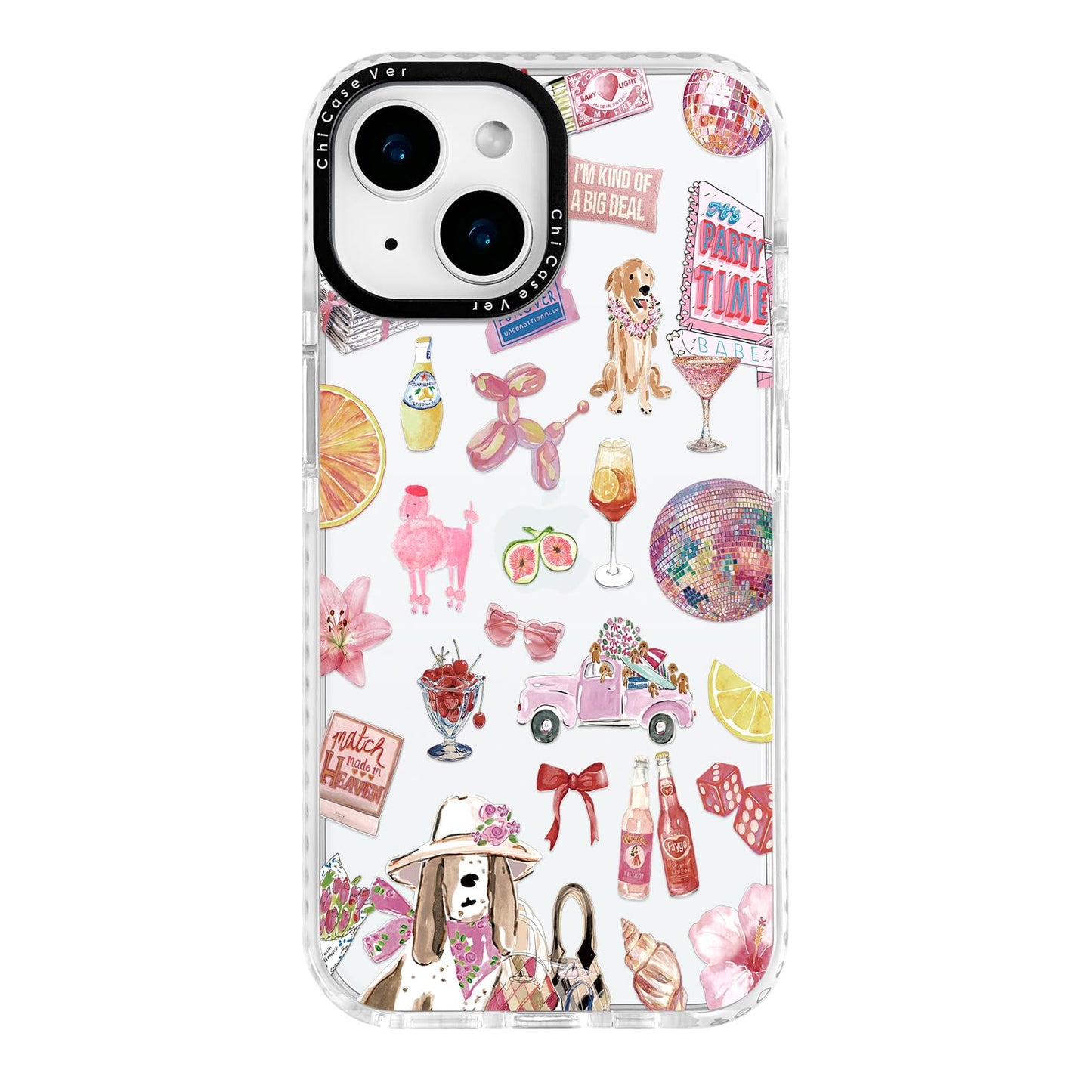 ChiCaseVer for iPhone 15 Plus Case, Party Time Collage Pattern with Girly Pink Cocktails, Military-Grade Drop Protection, Girly