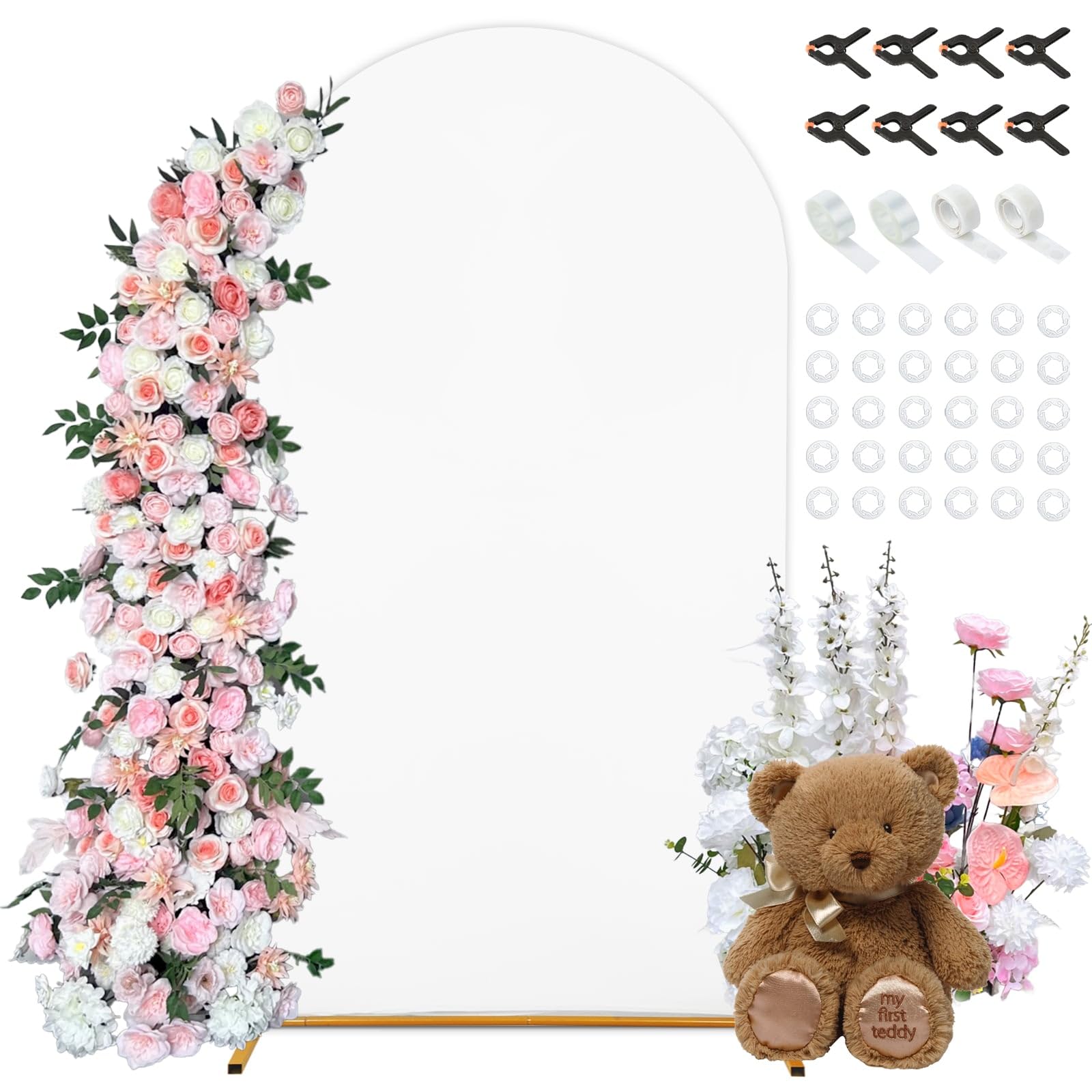 7.2 FT Arch Backdrop Cover, White Spandex Round Top Metal Arch Backdrop Stand Cover with Balloon Tie Tool for Wedding Ceremony B