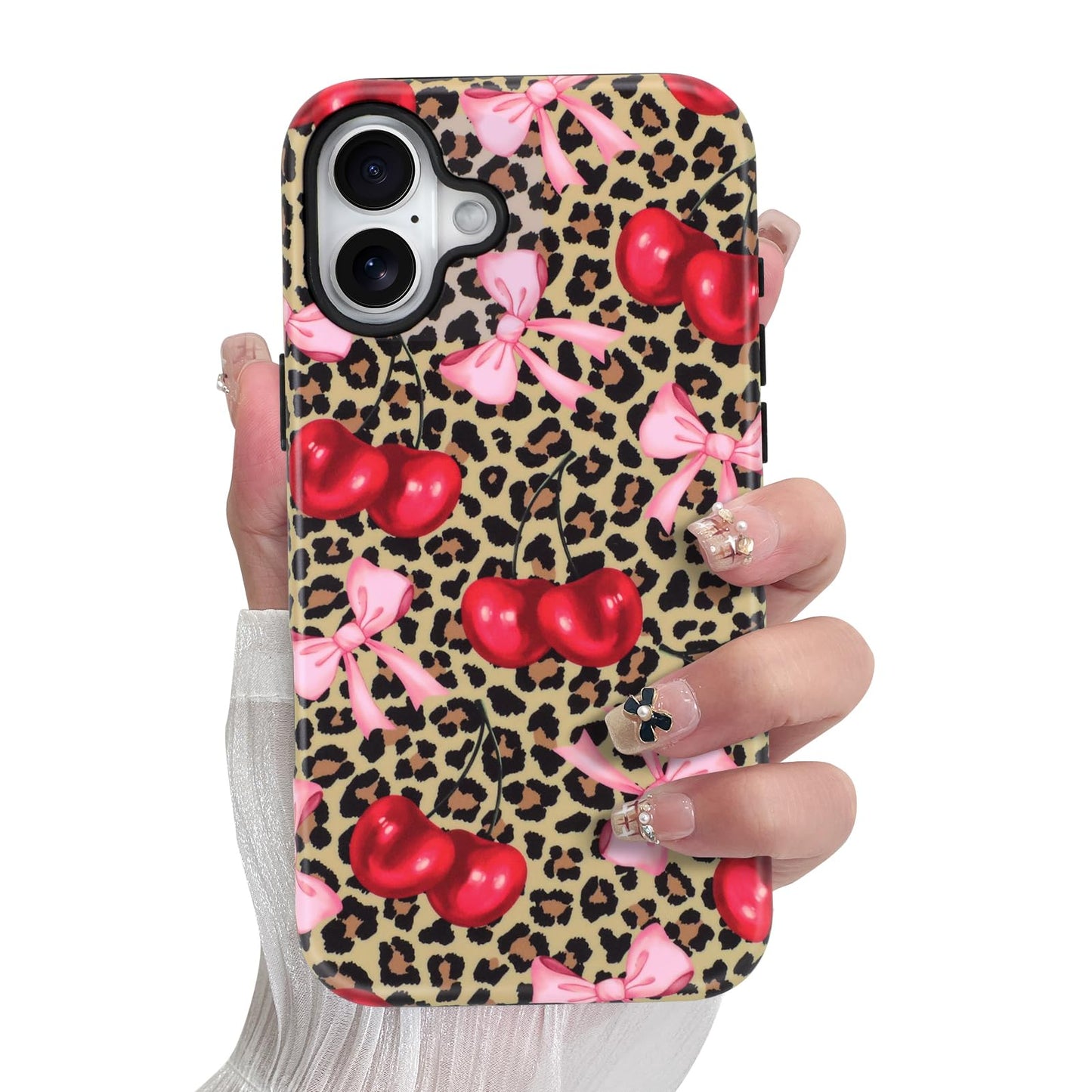 SOKAD Magnetic Cherry Bow Phone Case for iPhone 17, Cute Cherry Pink Bow Vintage Leopard Pattern Compatible with Magsafe Matte P