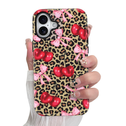 SOKAD Magnetic Cherry Bow Phone Case for iPhone 17, Cute Cherry Pink Bow Vintage Leopard Pattern Compatible with Magsafe Matte P