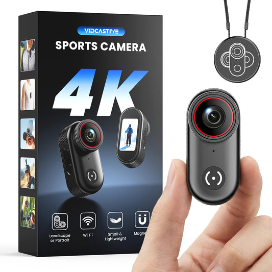 VIDCASTIVE 4K Mini Body Camera Wearable POV Action Cam with 1.47 Screen, 150-Min Battery, Magnetic & Clip Mount - Thumb-Size Spo