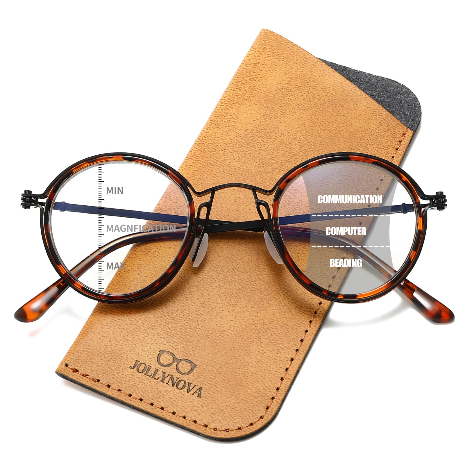 JOLLYNOVA HD7 Progressive Multifocus Reading Glasses Blue Light Blocking Computer Readers for Men Women Metal Round Frame (Torto