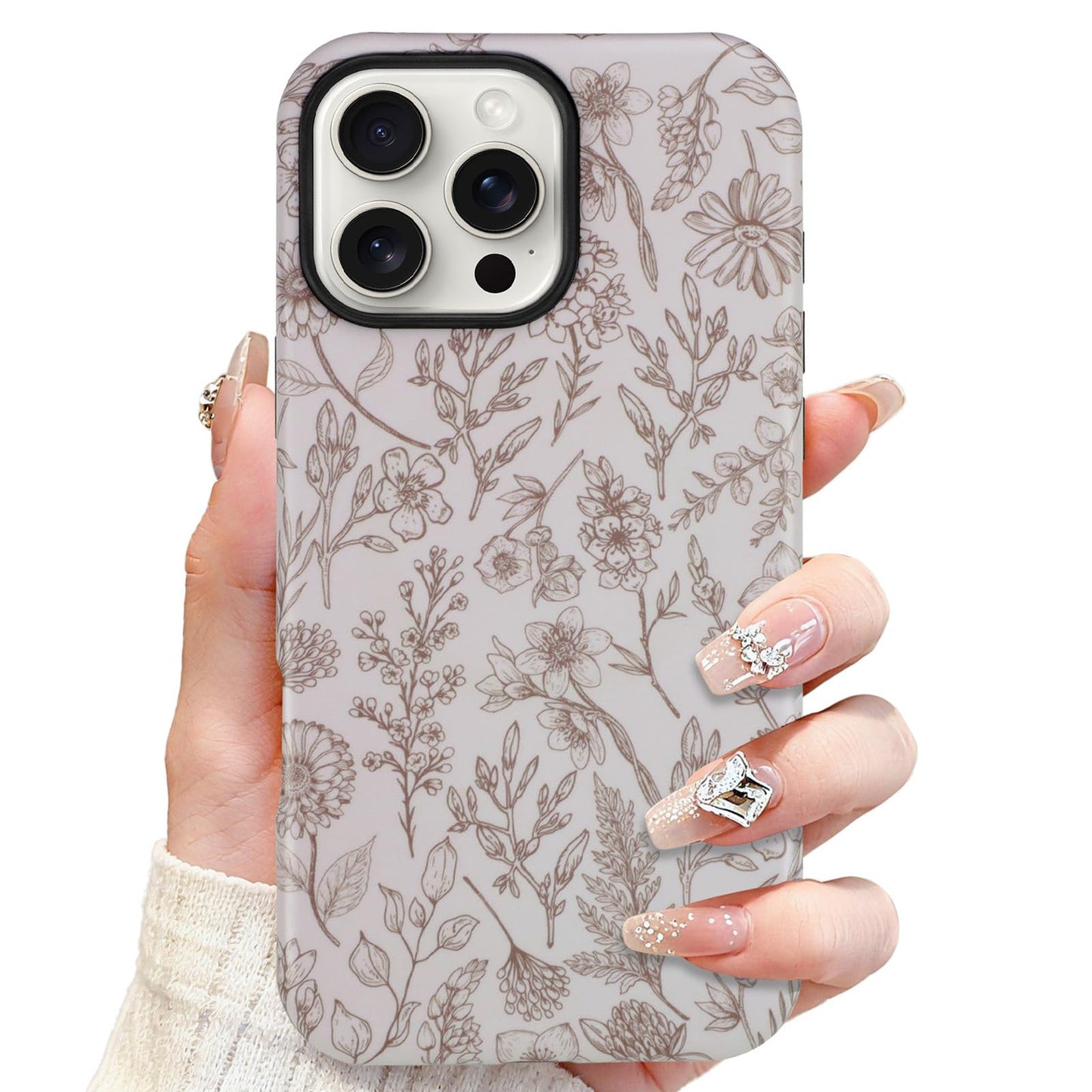 SOKAD Magnetic Sage Floral Phone Case for iPhone 16 Pro Max, Vintage Beige Flower Pattern Compatible with Magsafe Matte Protecti