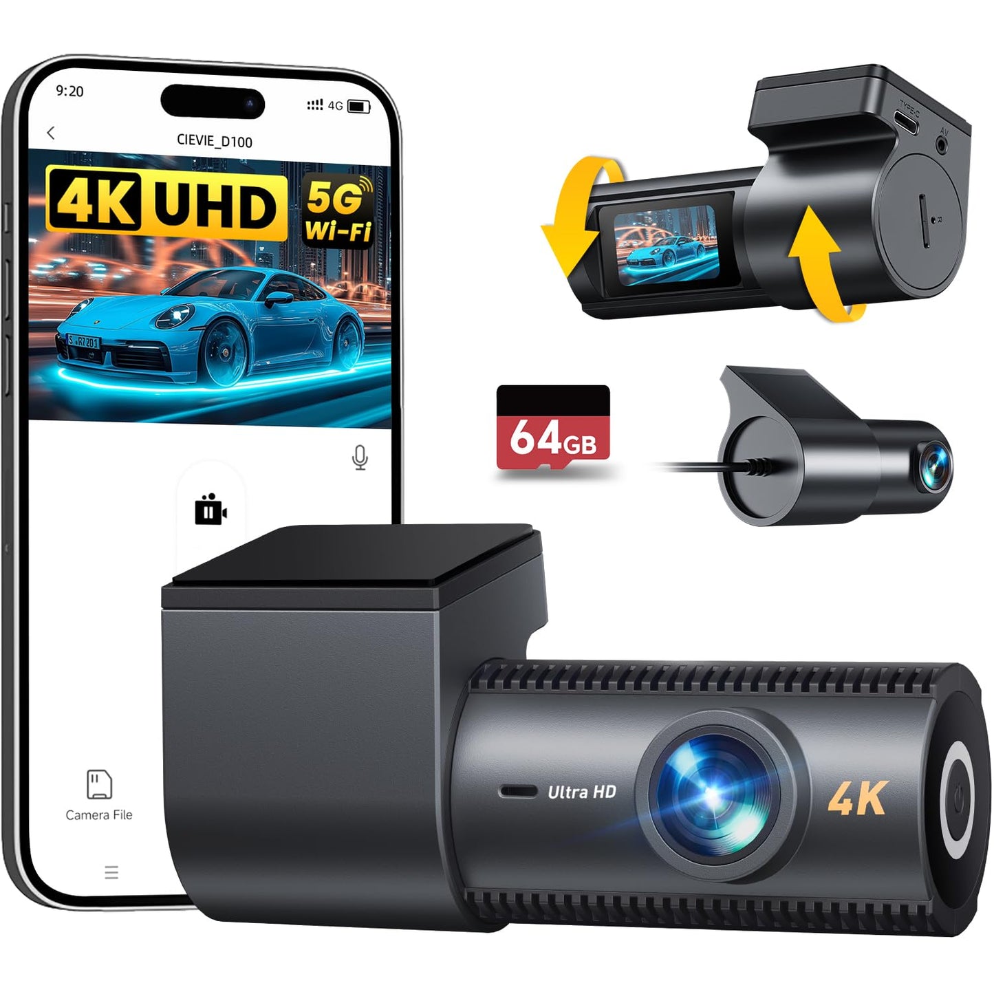 CIEVIE 4K+1080P Dash Cam Front and Rear with GPS (Light Gray)