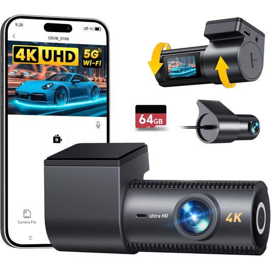 CIEVIE 4K Dash Cam Front and Rear, 64GB SD Card, 1.5    IPS Display Car Camera, 5Ghz WiFi+App Control, Night Vision, 24H Parking
