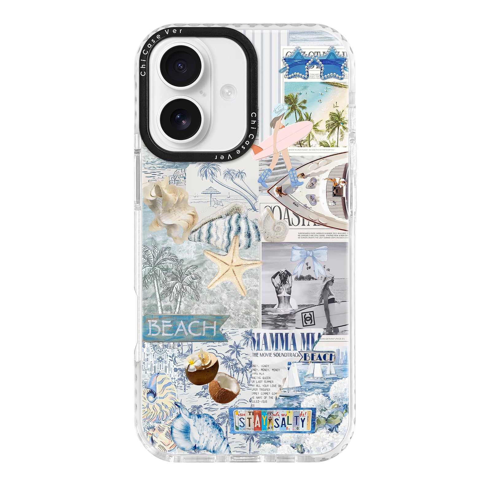ChiCaseVer for iPhone 16 Case, Nostalgic Beach Collage with Surfboard & Stay Salty, Military-Grade Drop Protection, Coastal Soft