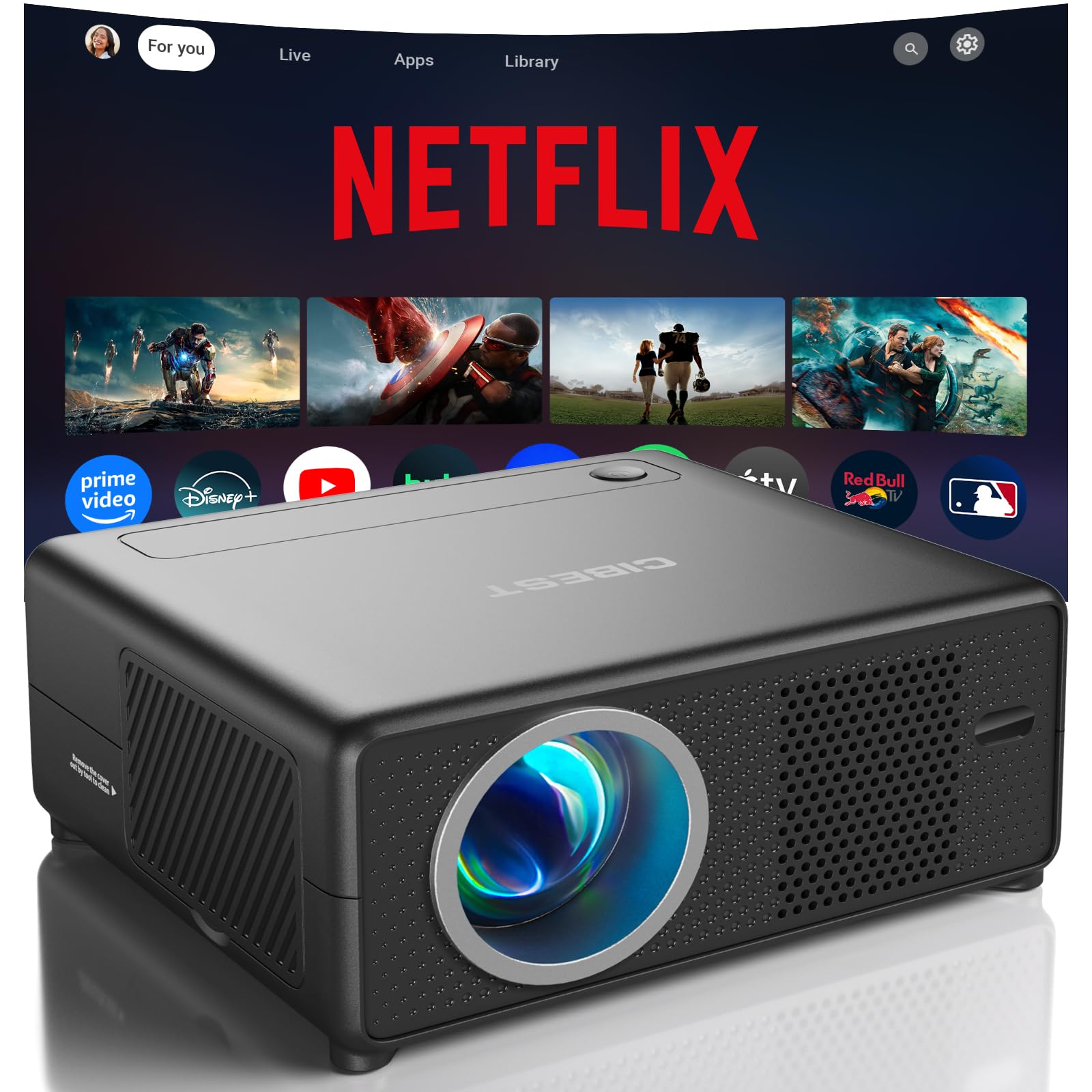 CiBest Mini Projector with WiFi and Bluetooth, Compatible with Netflix/YouTube/PrimeVideo, Electric Focus & Keystone, Short Thro