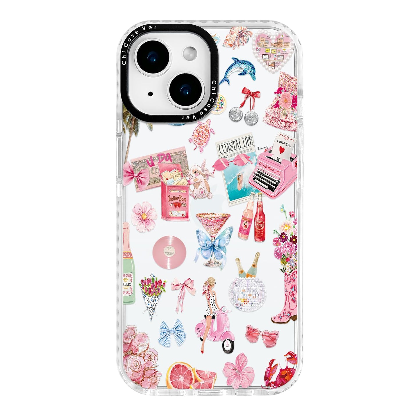 ChiCaseVer for iPhone 15 Case, Coastal Romance Collage Pattern with Pink Motifs, Military-Grade Drop Protection, Trendy Glamorou