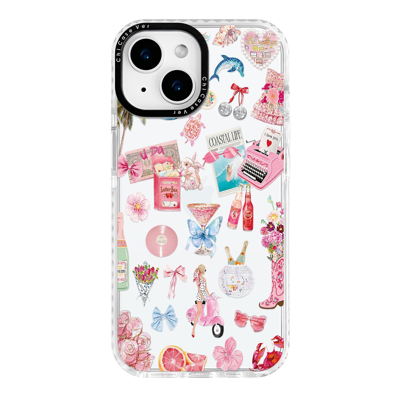 ChiCaseVer for iPhone 15 Plus Case, Coastal Romance Collage Pattern with Pink Motifs, Military-Grade Drop Protection, Trendy Gla