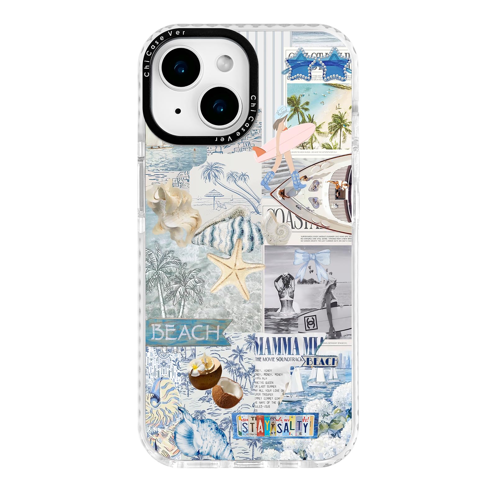 ChiCaseVer for iPhone 13 Case, Nostalgic Beach Collage with Surfboard & Stay Salty, Military-Grade Drop Protection, Coastal Soft