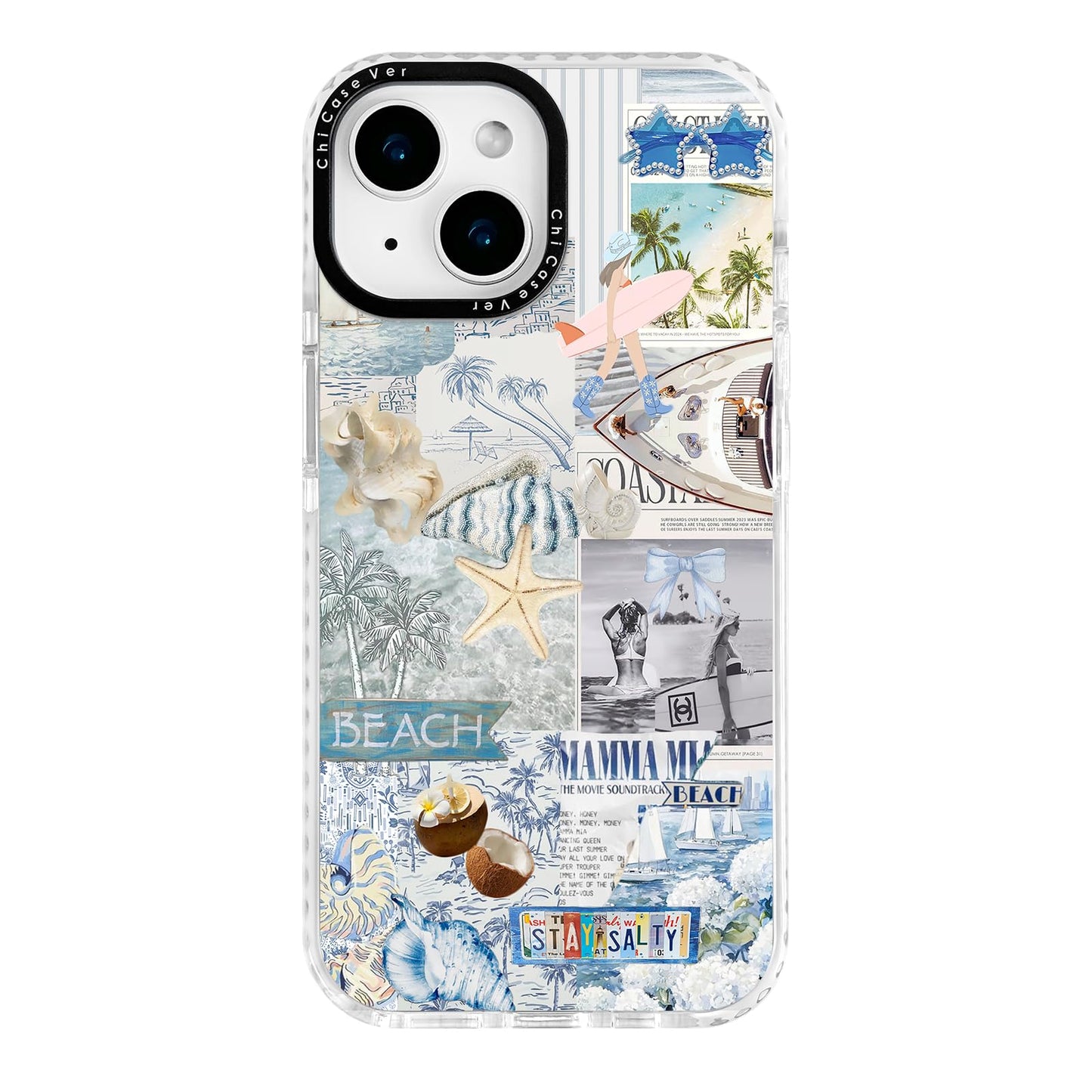 ChiCaseVer for iPhone 15 Plus Case, Nostalgic Beach Collage with Surfboard & Stay Salty, Military-Grade Drop Protection, Coastal