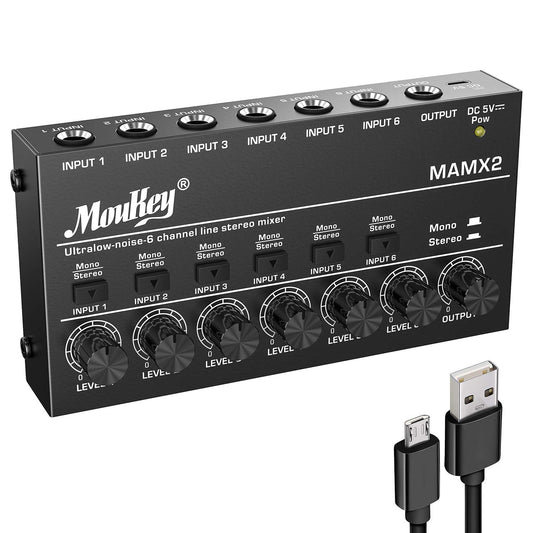 Moukey 6-Channel Audio Mixer, Low-Noise DC 5V, Ideal for Guitars & Keyboards, Model MAMX, Medium Size