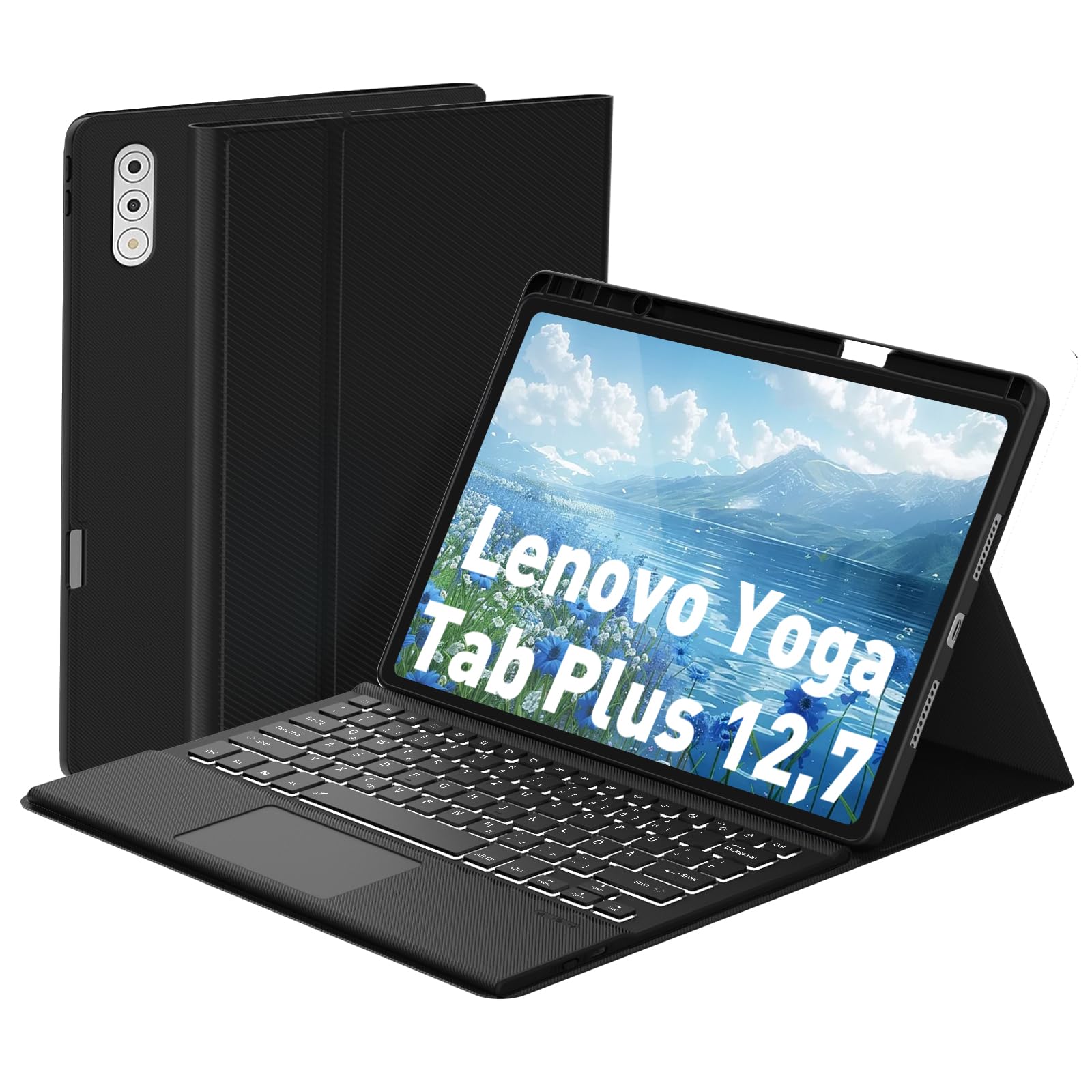 Keyboard Case Touch for Lenovo Yoga Tab Plus 12.7 2025, Bluetooth Keyboard with Trackpad & Twill Cover Case & Adjustable Kicksta