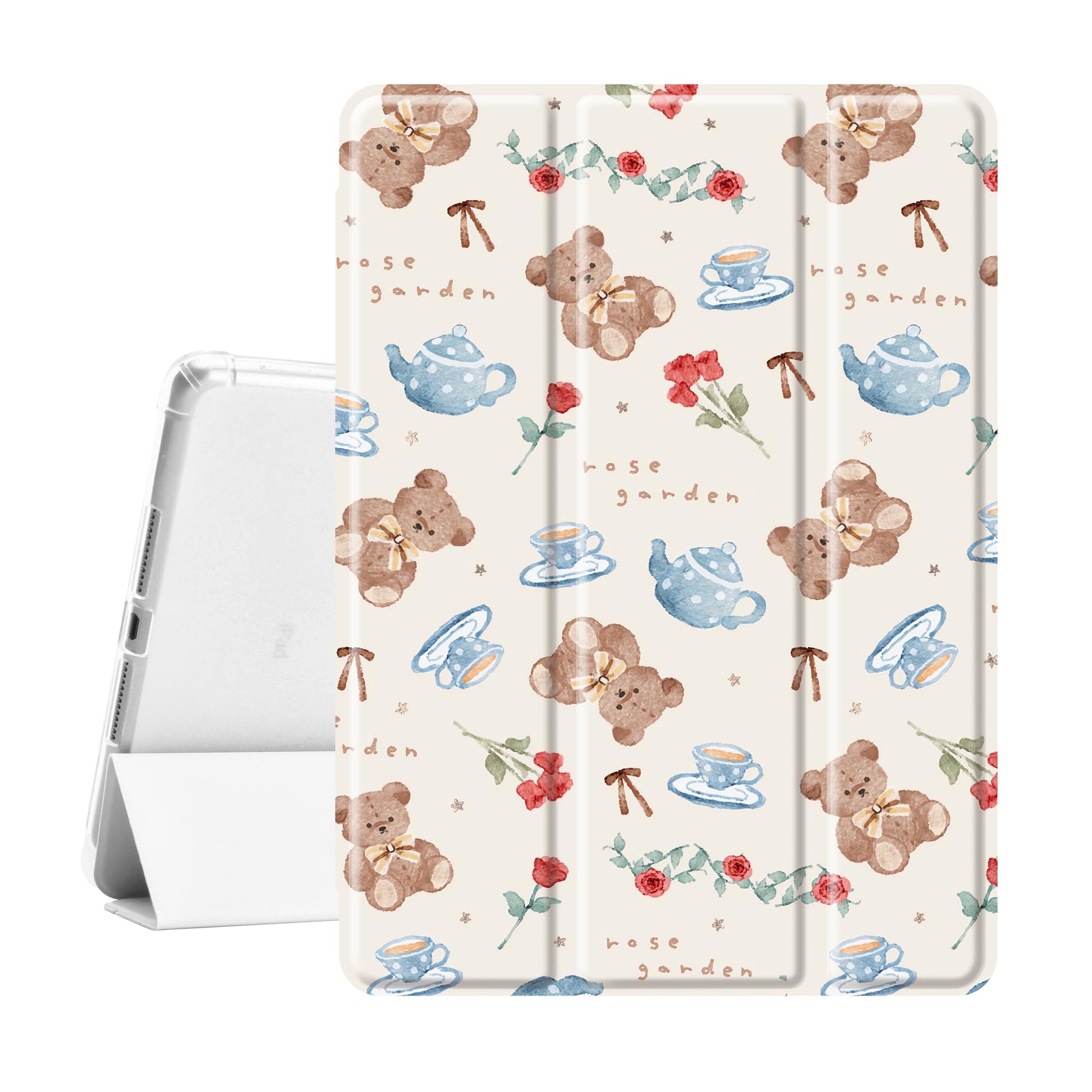 Idocolors Cute Kawaii Rose Teddy Bear Pad Case for 10.9 Inch iPad 2022/2025(iPad 10th/11th Gen), Clear TPU Smart Stand Back Cove