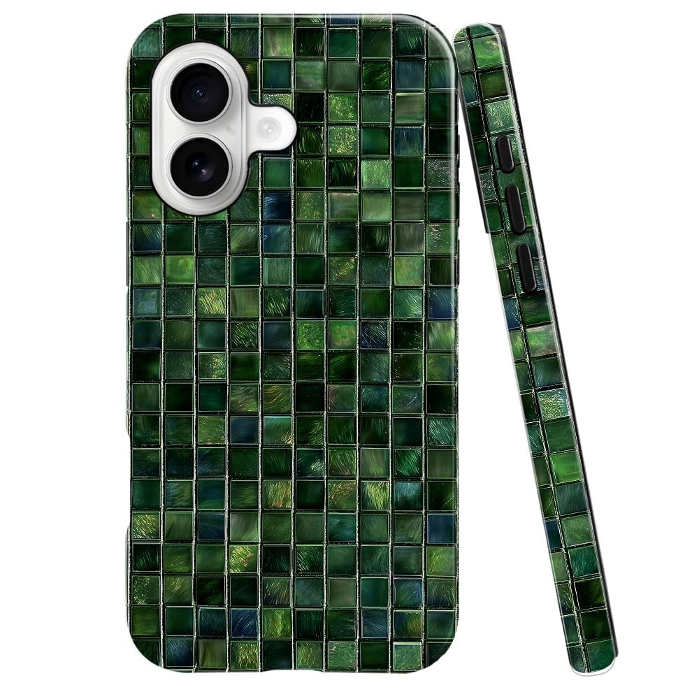 DJSOK Compatible with iPhone 17,Glossy PC Anti-Scratch Shockproof Case - Aesthetic Toned Tiles Green Glass