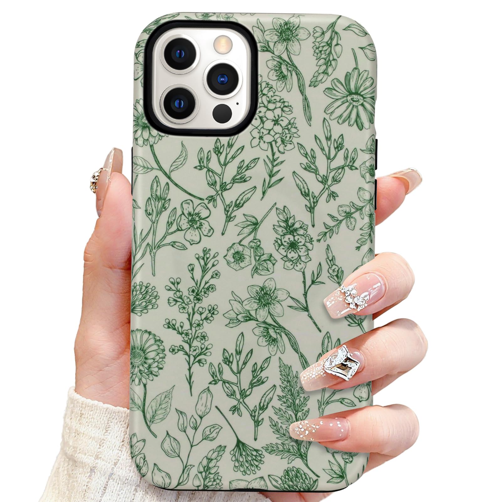 SOKAD Magnetic Sage Floral Phone Case for iPhone 12 Pro, Vintage Green Flower Pattern Compatible with Magsafe Matte Protective C