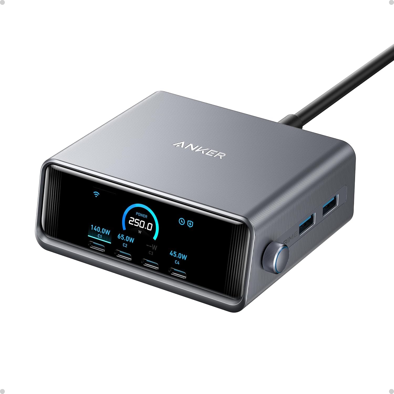 Anker Prime Charging Station, 250W 6-Port GaN USB C Charger, 2.26 LCD Smart Display Control, Compatible with iPhone, Galaxy, Mac