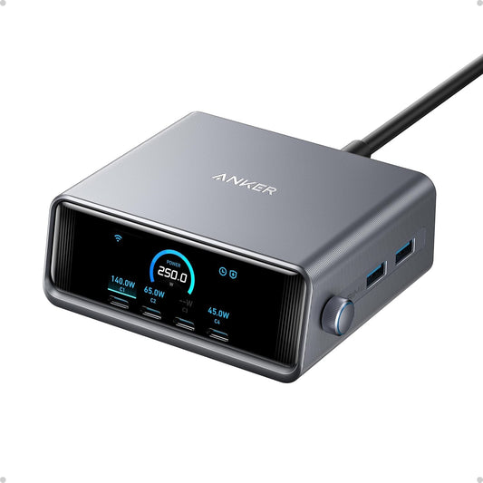 Anker Prime Charging Station, 250W 6-Port GaN USB C Charger, 2.26 LCD Smart Display Control, Compatible with iPhone, Galaxy, Mac