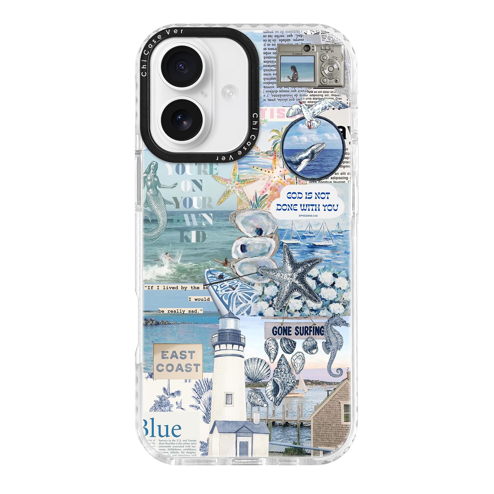 ChiCaseVer for iPhone 16 Plus Case,Coastal Inspiration Collage with Mermaid,Military-Grade Drop Protection,Vintage Coastal Soft