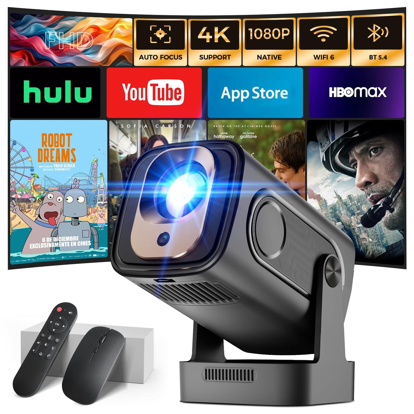 Projector [Auto Focus & 1080P Native & Built-in Apps] Projector 4K Support Auto Correction WiFi 6 Bluetooth 5.4 Mini Portable Pr