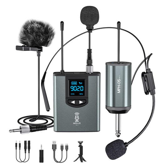 ttstar Wireless Microphone System Headset/Stand/Lavalier Mic with Rechargeable Bodypack Transmitter Receiver for PA Speaker, Cam