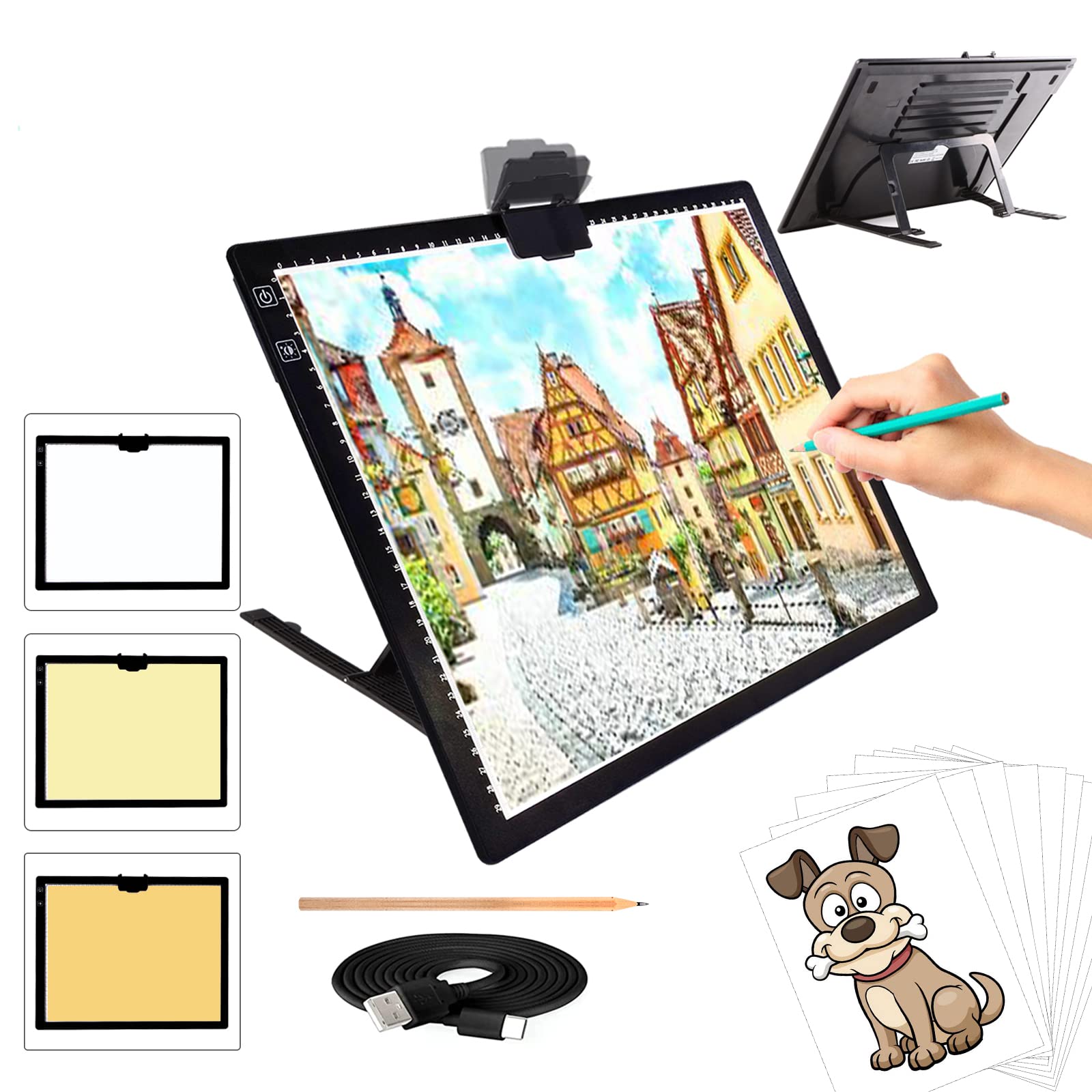TOHETO A3 Light Pad, Rechargeable Light Board for Diamond Painting, Tracing Light Box with Stand and Clip, Light Table Lightbox