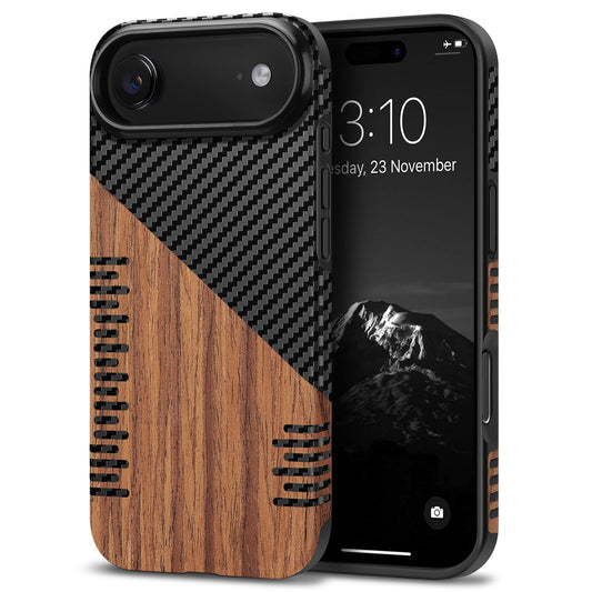 TENDLIN Compatible with iPhone Air Case Wood Grain with Carbon Fiber Texture Design Leather Hybrid Slim Case (Twill)