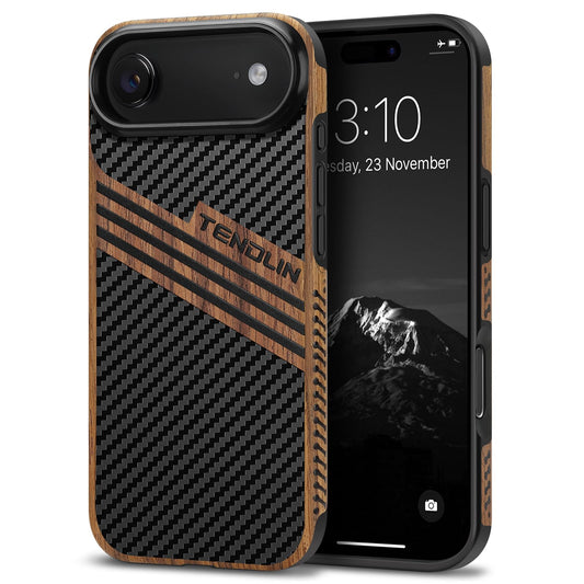 TENDLIN Compatible with iPhone Air Case Wood Grain with Carbon Fiber Texture Design Leather Hybrid Slim Case (Three Stripe)
