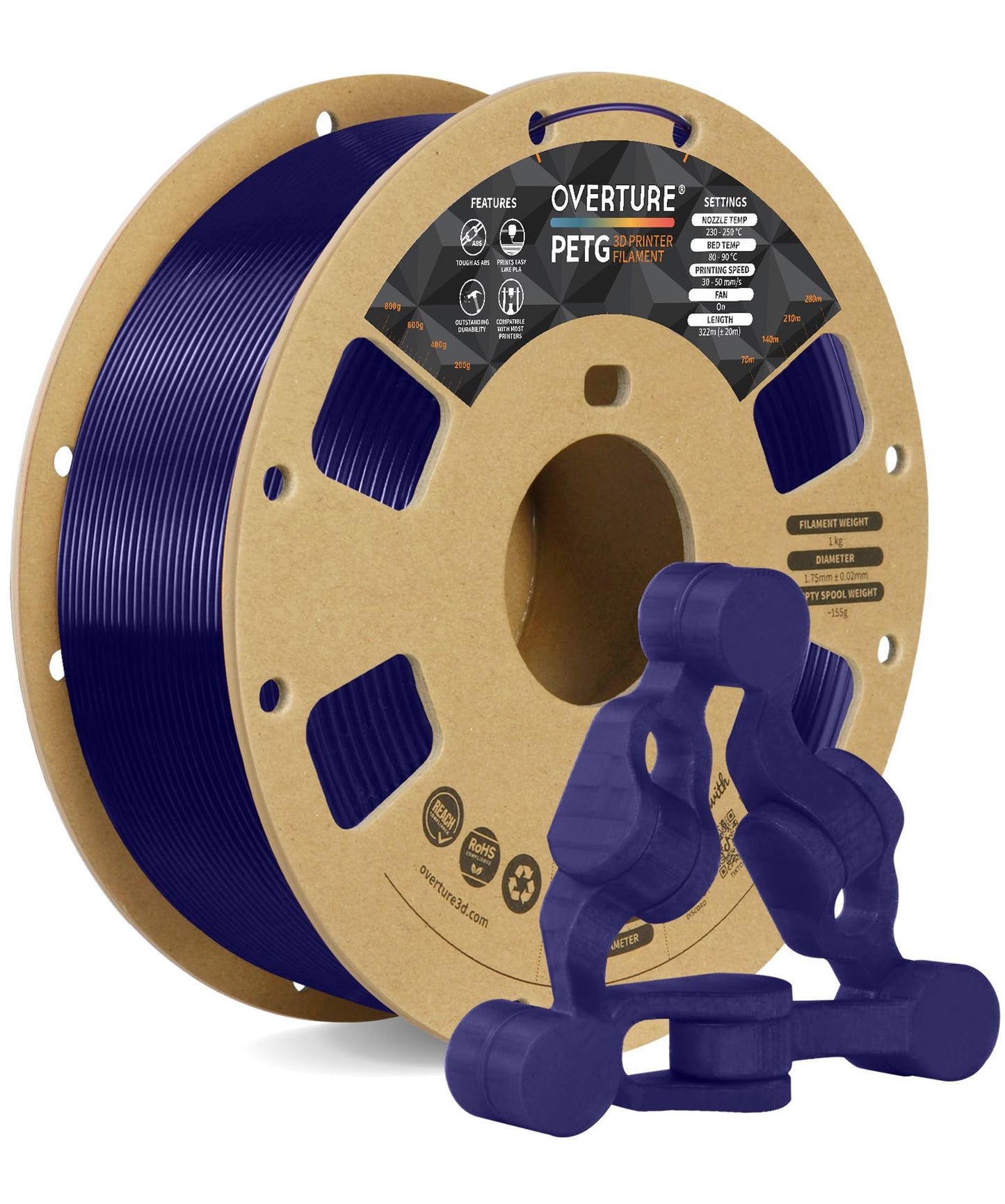OVERTURE 3D Filament Clear PETG Filament 1.75mm, PETG 3D Printer Filament, 1kg Filament (2.2lbs), Dimensional Accuracy Probabili