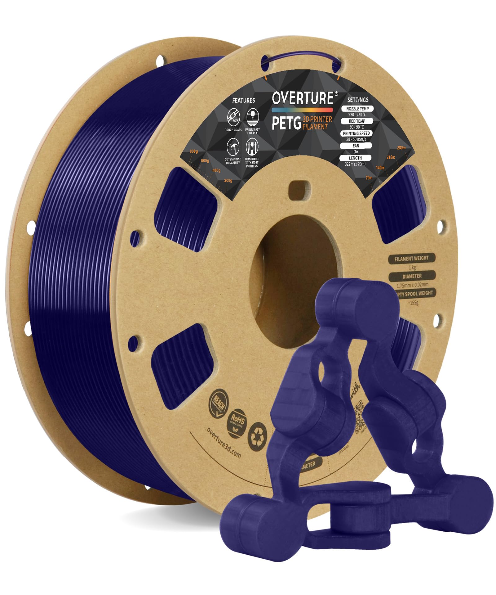 OVERTURE 3D Filament Clear PETG Filament 1.75mm, PETG 3D Printer Filament, 1kg Filament (2.2lbs), Dimensional Accuracy Probabili