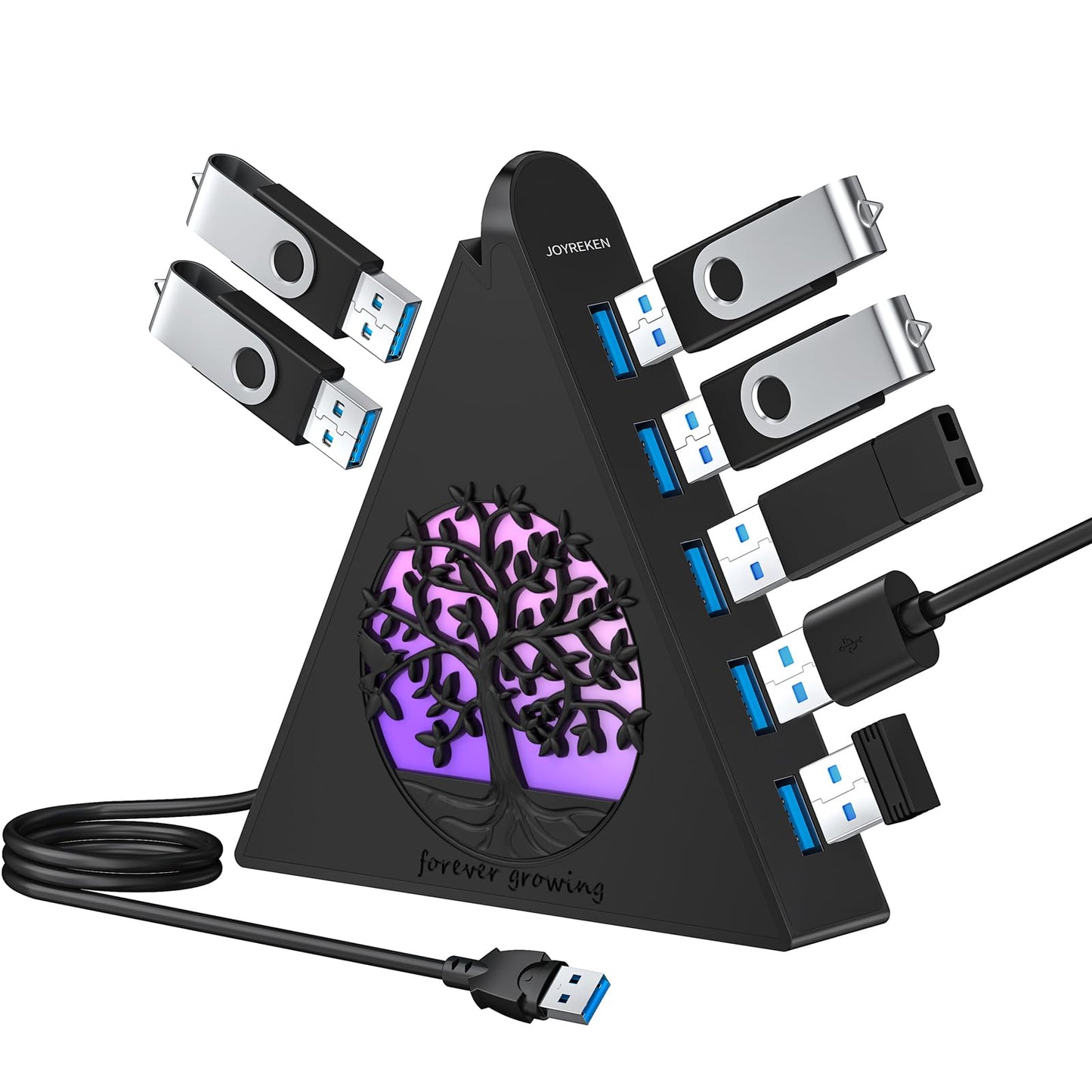 JoyReken 7-Port USB 3.0 Hub, Vertical USB Hub Splitter with RGB Lighting, 5Gbps High-Speed Data Transfer and 2FT Extension Cable