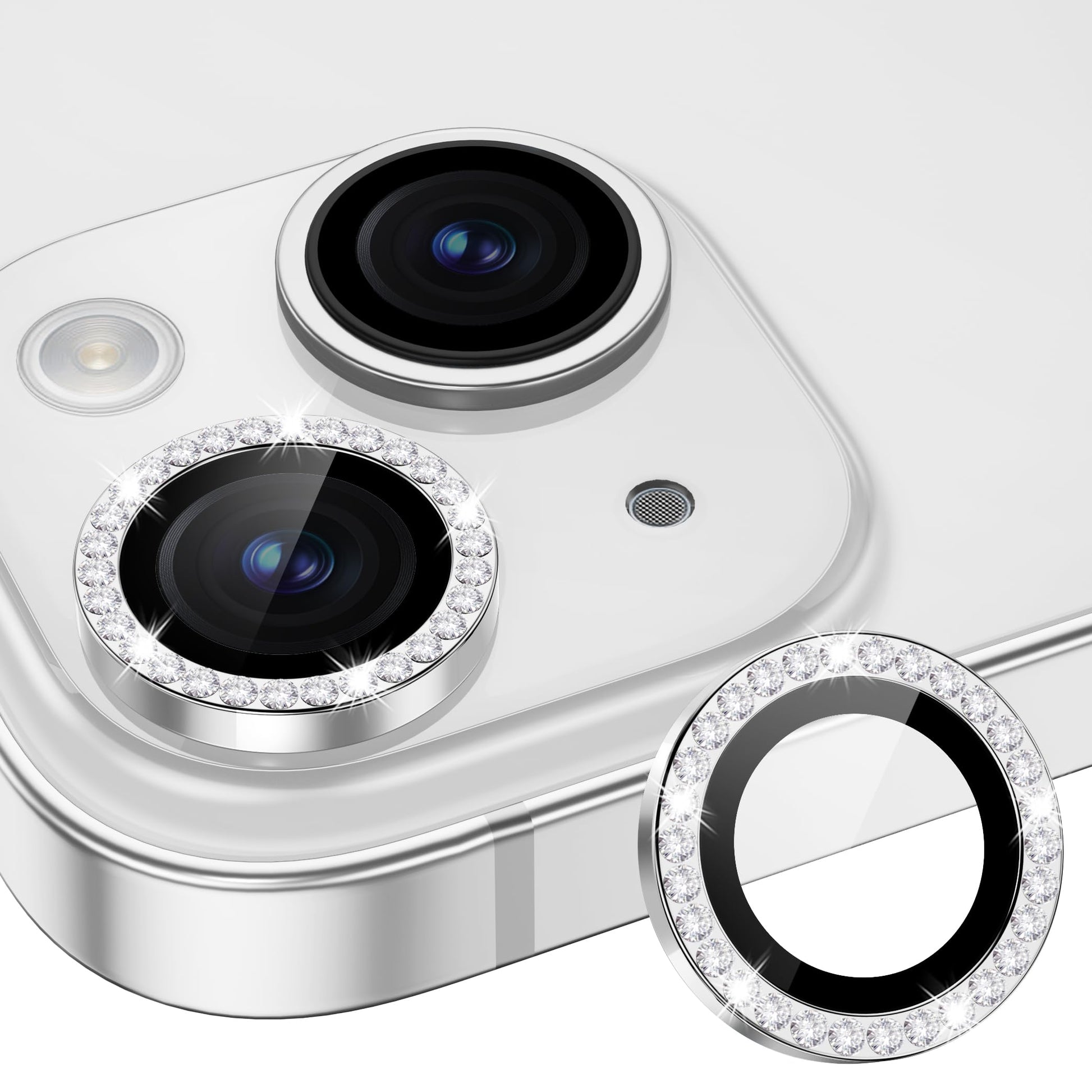Xfilm Camera Lens Protector Compatible for iPhone 15/15 Plus Bling, Individual Metal Diamond Ring 9H Hardness Scratchproof Prote