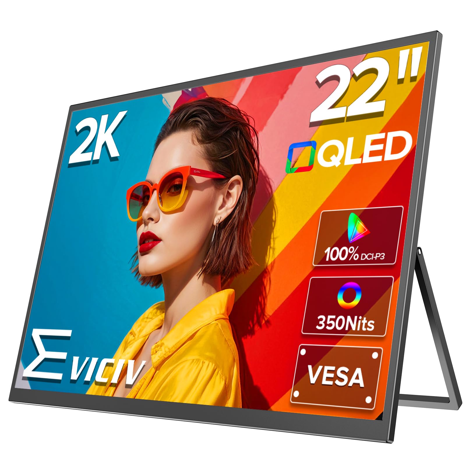 EVICIV 22    Portable Monitor QLED | 2K Portable Laptop Monitor | 180Adjustable Kickstand & VESA | FreeSync | 350Nits | 100% DCI
