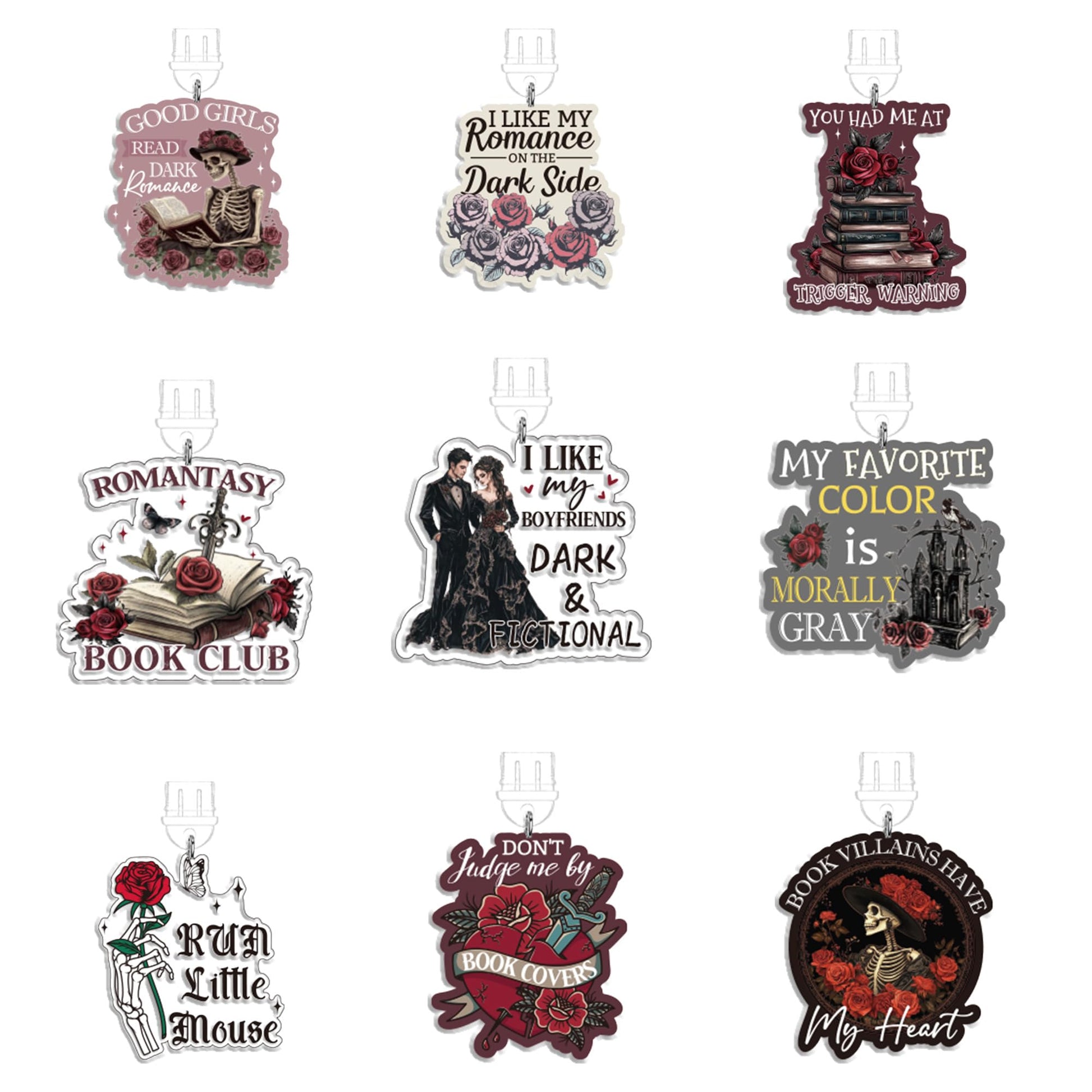 TAKEALOOKO Dark Romance Dust Plug Charm - 9 Pack Ghots Rose Acrylic Layer Printed Pendant for Kindle & Phone, Stylish Dustplug C