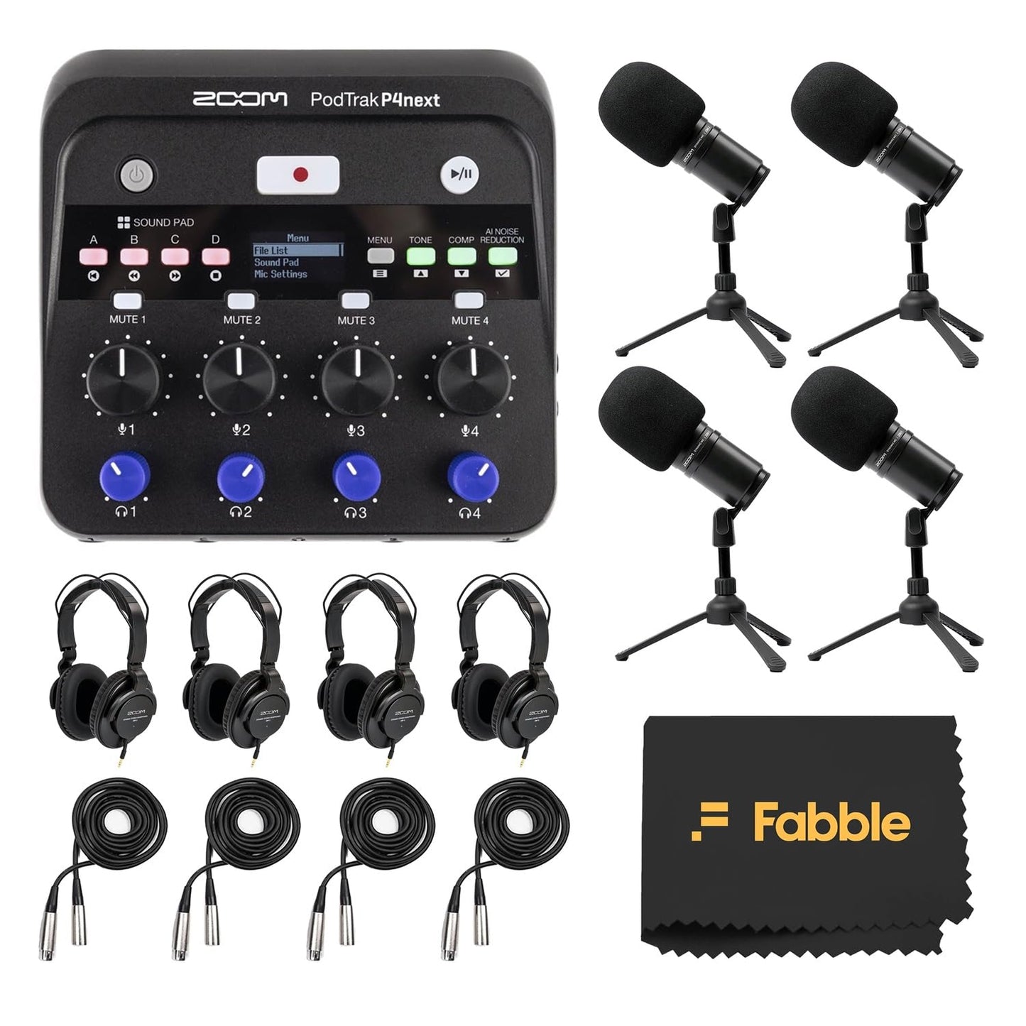 Zoom PodTrak P4next Podcast Recorder Bundle with Four Zoom ZDM-1 Podcast Microphone Packs, Including Headphones, Windscreens, XL