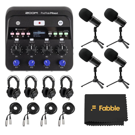 Zoom PodTrak P4next Podcast Recorder Bundle with Four Zoom ZDM-1 Podcast Microphone Packs, Including Headphones, Windscreens, XL