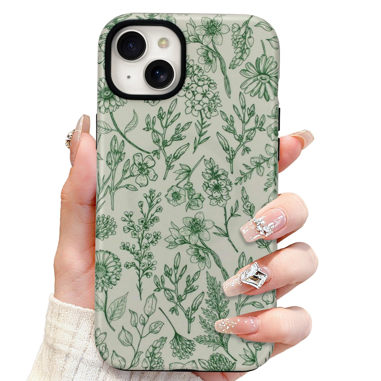 SOKAD Magnetic Sage Floral Phone Case for iPhone 13, Vintage Green Flower Pattern Compatible with Magsafe Matte Protective Case