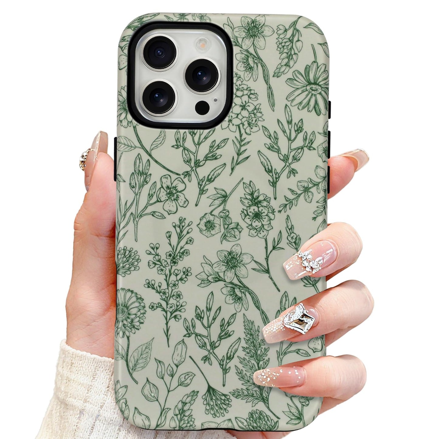 SOKAD Magnetic Sage Floral Phone Case for iPhone 16 Pro Max, Vintage Green Flower Pattern Compatible with Magsafe Matte Protecti