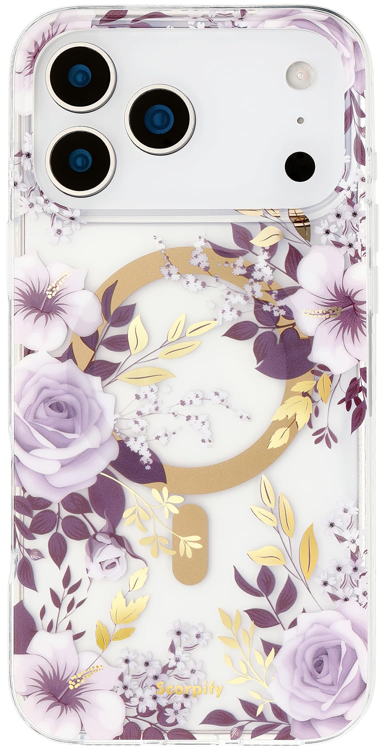 SCORPIFY for iPhone 17 Pro Case [Compatible with MagSafe] with Purple Hibiscus and Rose Floral Design, Cute Clear Flower Magneti