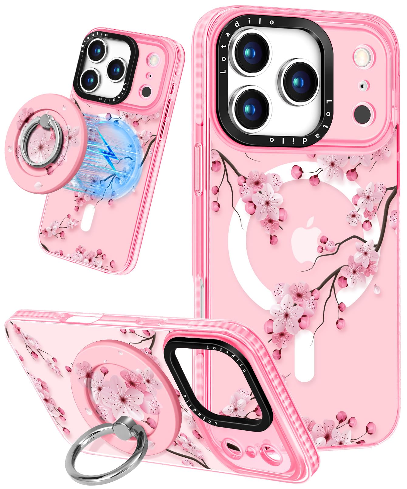 Lotadilo Case for iPhone 17 Pro Max Case Compatible with Magsafe Ring Holder Stand - for Women Peach Blossom Design TPU Phone Co