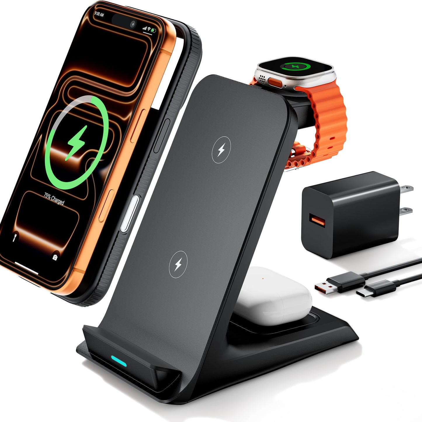 Eazpower Wireless Charger for Thick Cases of 10MM/Otterbox/Heavy Duty, 3 in 1 Charging Dock for iPhone 17 16 15 14 Pro Max, Phon