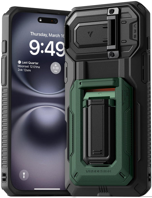VRS DESIGN Origin Wallet Card Holder Case [3 Cards] for iPhone 16 Plus (2024), Rugged Semi-Automatic 3-Card Slot & Kickstand Cas