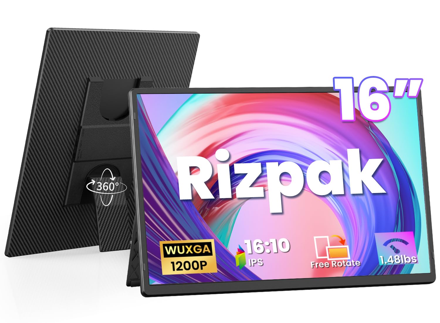 Rizpak 16 Laptop Screen Extender, 1920x1200 IPS Portable Monitor, Borderless Dual Screen Extender with 360 Rotatable Stand, Plug