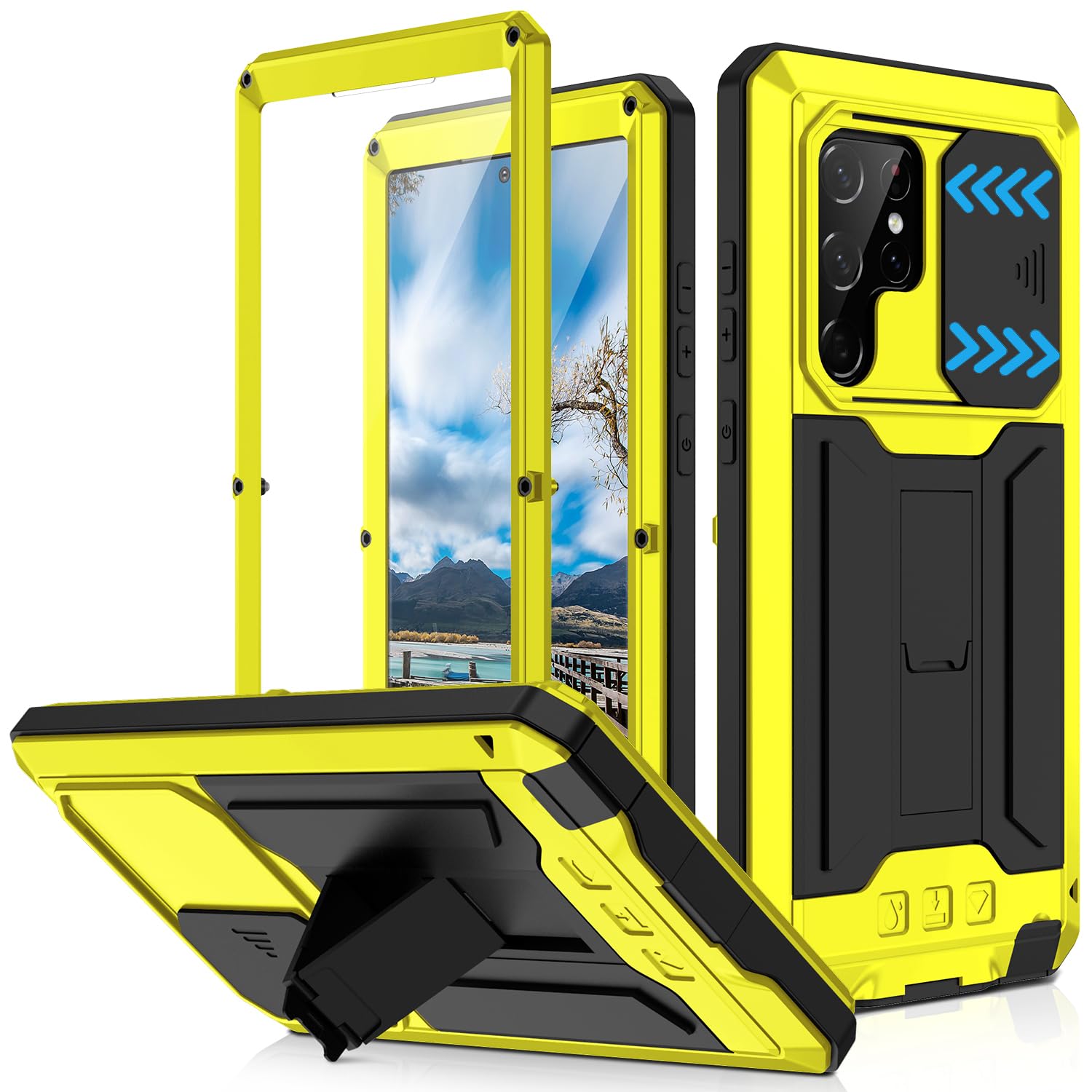 Compatible for Samsung Galaxy S22 Ultra Metal Case,Heavy Duty Dust Proof Military Grade Rugged Case with Sliding Camera Cover an