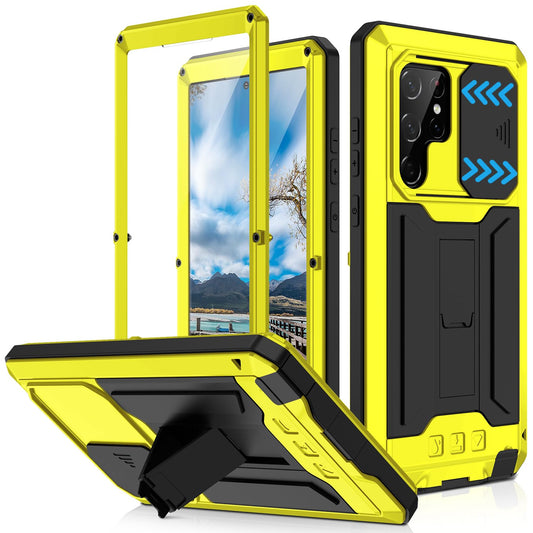 Compatible for Samsung Galaxy S22 Ultra Metal Case,Heavy Duty Dust Proof Military Grade Rugged Case with Sliding Camera Cover an