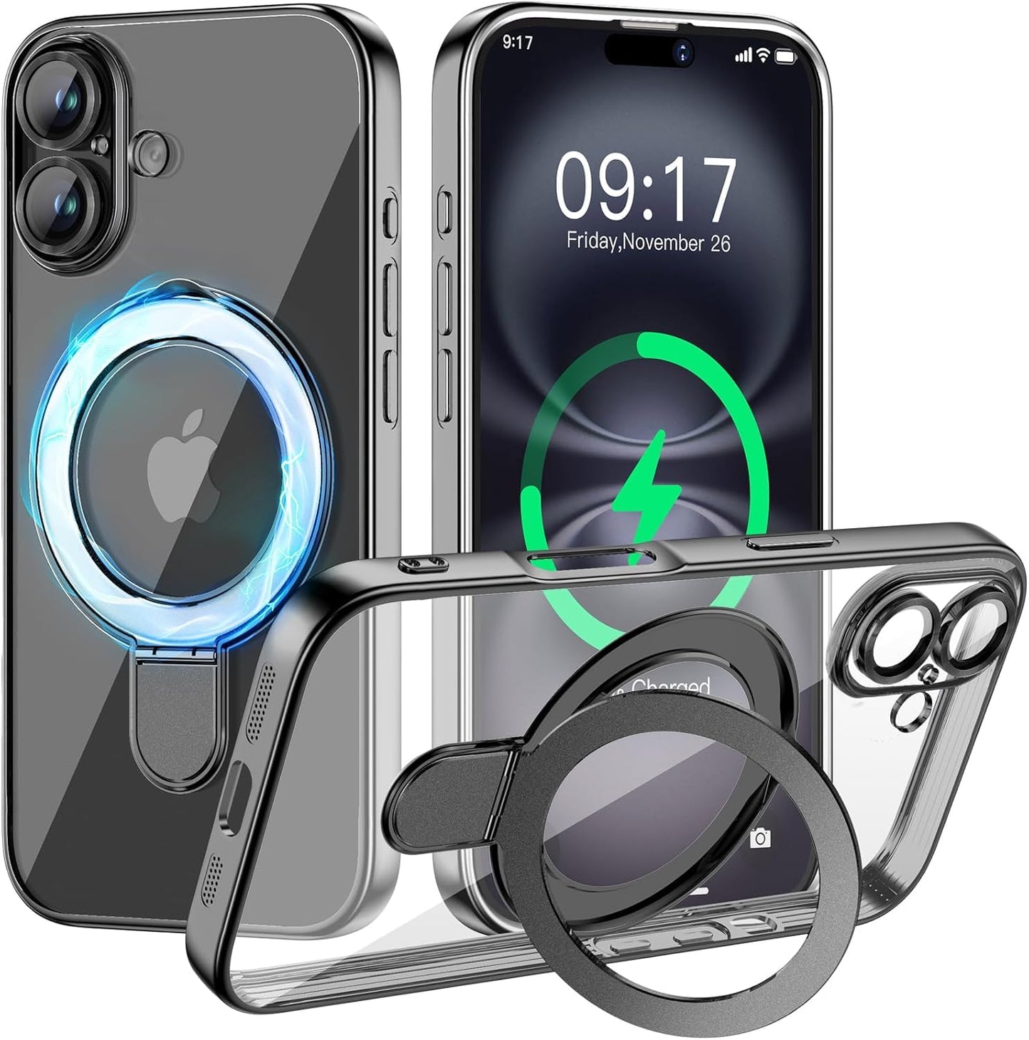 Pmteyoim Magnetic for iPhone 16 Case with Invisible Stand[Compatible with MagSafe][Full Camera Lens Protector][Military Drop Pro