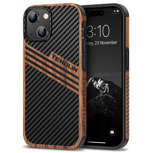 TENDLIN Compatible with iPhone 15 Case Wood Grain with Carbon Fiber Texture Design Leather Hybrid Slim Case (Three Stripe)